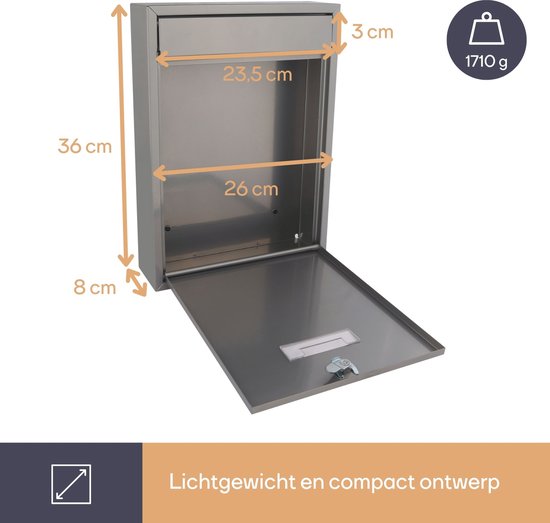 Perel Brievenbus met naamplaatje, Ibiza wandbrievenbus, wandmontage, met slot, deksel, afsluitbaar, incl. 2 sleutels, gegalvaniseerd staal, 36 x 26 x 8 cm, zilvergrijs