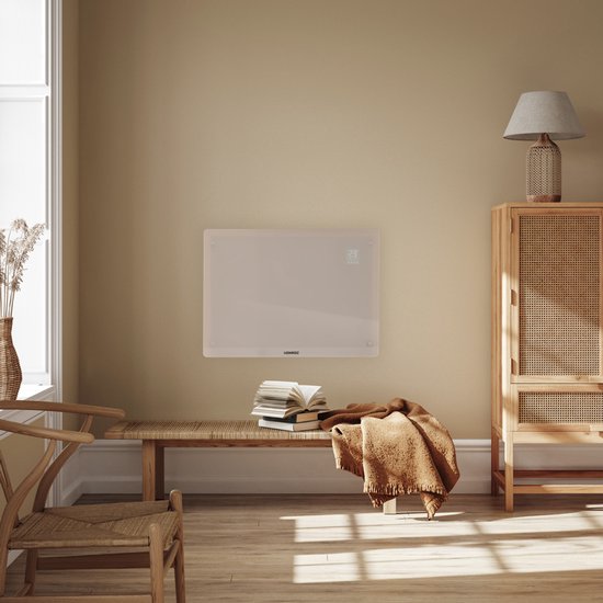 VONROC Luxe elektrische kachel - Convectorkachel met glazen paneel – 750W/1500W - Verwarmt ruimtes tot 18m2 - Bediening zowel met app (via Wifi) als handmatig – Instelbare thermostaat en timer - Beige