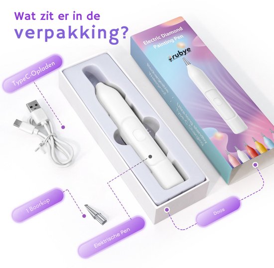 Rubye® – Elektrische Diamond Painting Pen – Met Vacuümtechniek – Oplaadbaar via USB-C – Comfortabel in Gebruik – Voor Ronde en Vierkante Steentjes – Wit