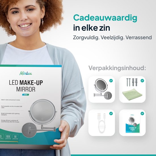 Mirlux Make-upspiegel met LED-verlichting - Oplaadbaar - 5x Vergroting - Vergrotende spiegel met licht - Scheerspiegel - Badkamerspiegel - Chroom