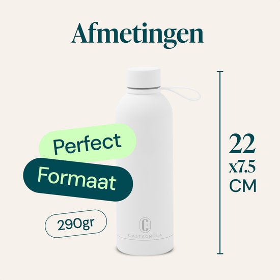 Castagnola Waterfles - RVS Drinkfles 500 ML - Stalen Thermosfles - Drinkflessen voor Volwassenen - Dubbelwandig - Wit
