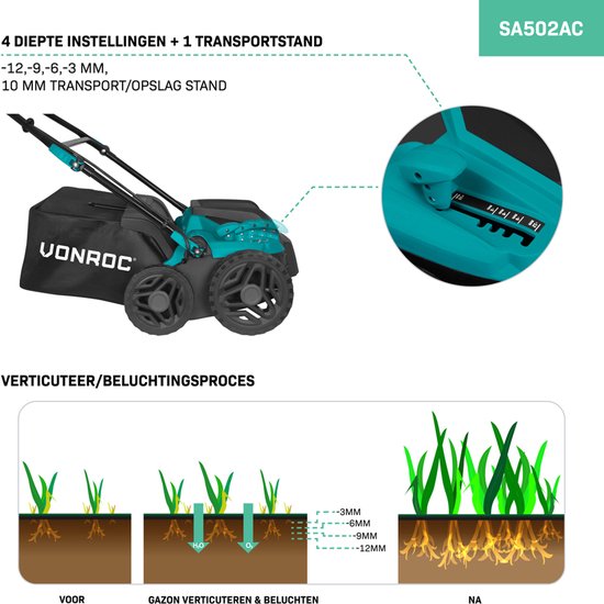 VONROC Elektrische verticuteermachine - gazonbeluchter – 1500W - maaibreedte 36 cm – 5 standen: 4 dieptestanden (12/9/6/3 mm) + 1 transportstand (+10 mm) – incl. 45L. opvangbak