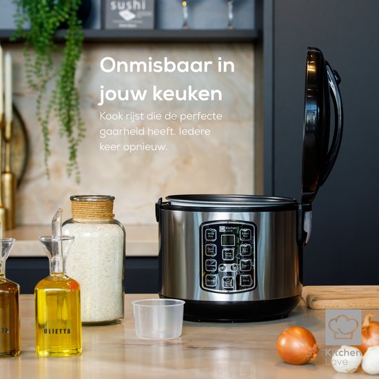 KitchenLove Rijstkoker met Stomer - 0.8L - Multicooker - Rice Cooker - Slowcooker - 1 tot 3 Personen - Zwart RVS
