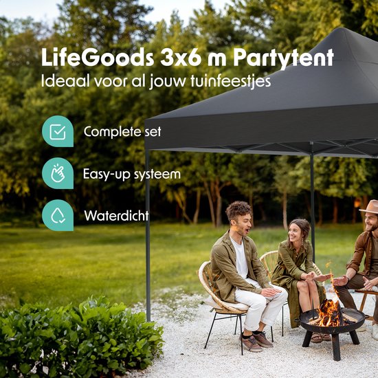 LifeGoods Partytent - Paviljoen - EasyUp - Opvouwbaar - Waterdicht - Met Draagtas met wieltjes - 300 x 600 cm - Antraciet