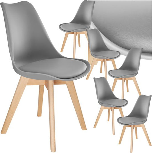 tectake® Eetkamerstoel Frederikke - Set van 6 Eetkamerstoelen met Gevoerde Stoffen Zitting - Massief Houten Poten - Ergonomische Stoelen geschikt voor Woonkamer, Eetkamer, Slaapkamer en Keuken - Draagkracht 120kg - Grijs