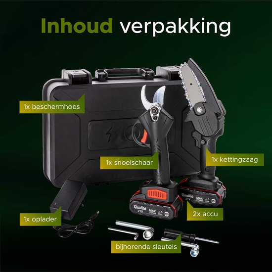 Qualitá® Elektrische Snoeischaar - 2 in 1 Qualitá® Elektrische Snoeischaar - Heggenschaar Accu - Elektrische Snoeischaar - Heggenschaar Elektrisch - Elektrische Heggenschaar - Heggeschaar Electrisch - Takkenschaar - Mini Kettingzaag - Bloemenschaar