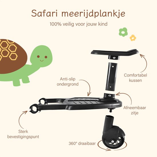 Safari meerijdplankje - Single Wheel - Voor Horizontale As minstens 23 cm - Diameter max. 2,5 cm - Zwart Kunststof & Metaal - Wendbaar & Universeel - Ideaal voor Peuters