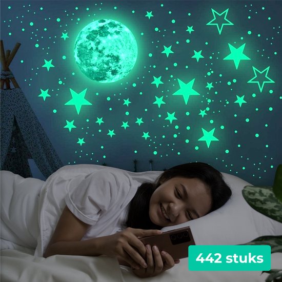 Nuvance - Glow in the Dark muur stickers (Maan en sterren) - 442 Stuks - Acryl