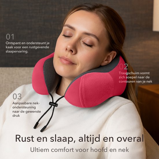SC Travel Essentials - Nekkussen Set 3-delig - Ergonomisch Memory Foam Reiskussen met Oogmasker en Oordoppen - Ideaal voor Vliegtuig, Auto en Trein - Compact en Luxe - Rood