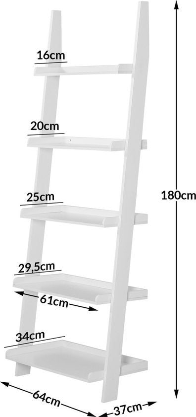 Casaria Boekenrek - 5 Planken - Afmeting 180x64x37cm MDF Hout Wit