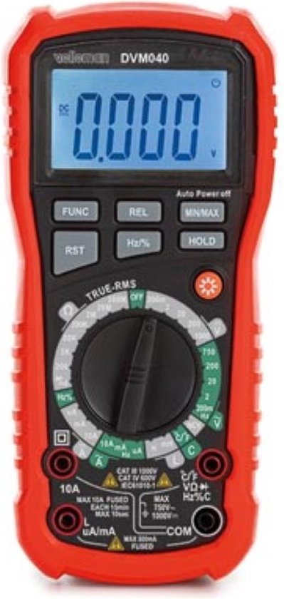 Velleman Digitale multimeter, datahold, contactloze spanningsdetectie, met REL-functie, geschikt voor het meten van AC/DC-stroom, AC/DC-spanning, weerstand, frequentie, temperatuur, continuïteit, inclusief meetsnoeren