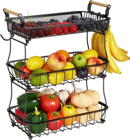 Posity Fruitschaal 3 Laags - Fruitmand - Fruit Etagere - Groentemand - Draadmand - Met bananenhouder - Hout & Metaal - Zwart