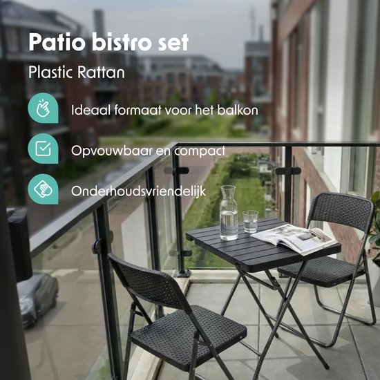 LifeGoods Bistroset - 3-delig - Inklapbaar - Rattan Look - Tuinset met Bijzettafel - Zwart - 200kg Draagkracht - Weerbestendig
