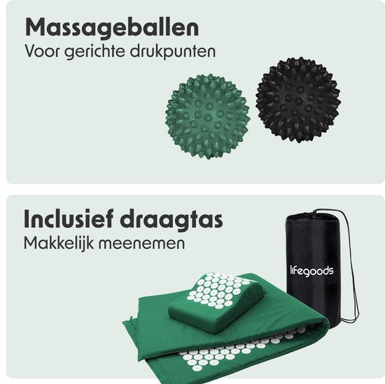 LifeGoods Acupressuur Mat XL - met Kussen - Shakti mat - Spijkermat Incl. 2x Triggerpoint Bal - 128x48x2cm - Groen/Wit