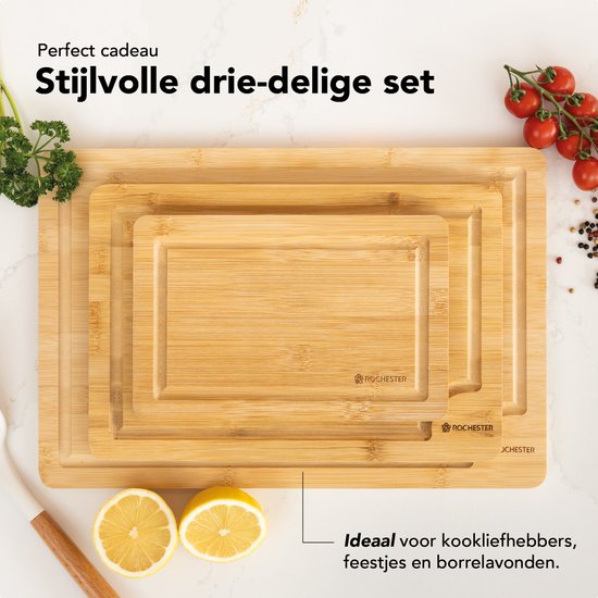 Rochester Snijplanken Hout – Borrelplank – PFAS-Vrije Snijplankenset 3-Delig – Serveerplank Organisch Bamboe – Tapasplank Luxe Design – Hygiënisch en Duurzaam