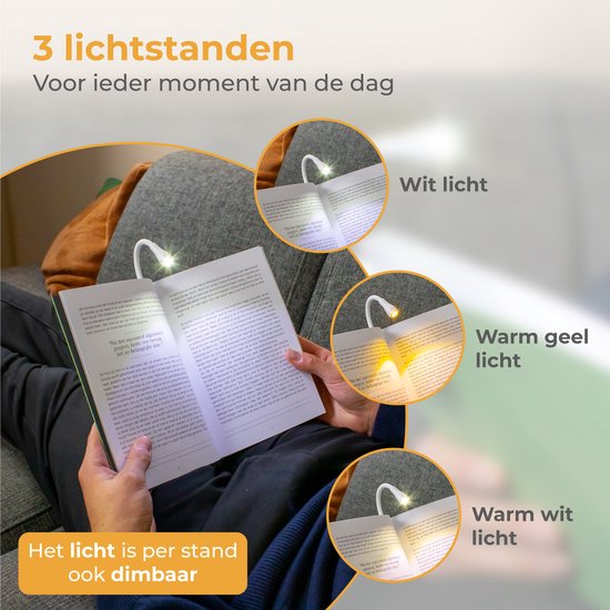 Nuvance - Leeslampje - Leeslamp met Klem - Dimbaar - 3 Standen - Leeslampje voor Boek - Oplaadbaar USB C - 24 Uur Leesplezier - Klemlamp - voor Kind & Volwassenen - Klemlampje - Wit