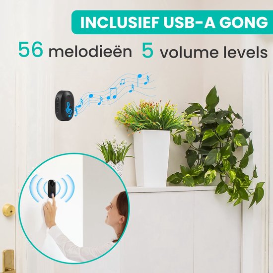Video Deurbel met Camera - Inc. Gong & 128GB SD - Draadloos - Slimme Deurbel - met App - Zwart - van Saaf