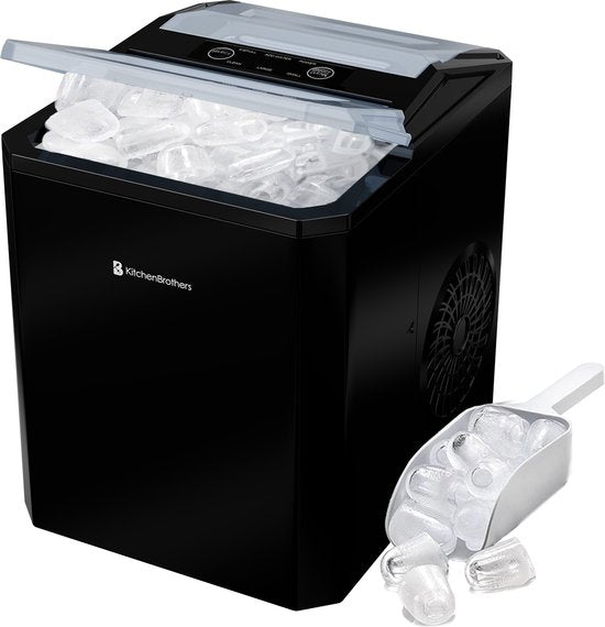 KitchenBrothers - 1L - Ijsblokjesmachine - 12kg/24 uur - IJsblokjesmaker - Zelfreinigingsfunctie - Easy Clean - IJsklontjes maker - Zwart