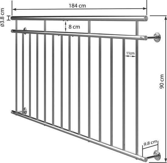 Monzana Franse Balkonreling Staal / 90x184cm 7 Spijlen - Zilver