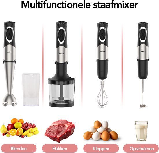 Aviro 6-in-1 Staafmixer Set - 1000W - 20 Snelheden - Hakmolen, Melkopschuimer, Garde & Maatbeker - RVS