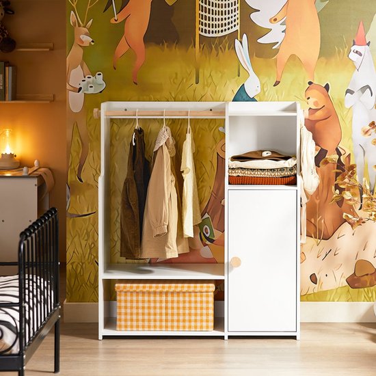 SoBuy Kinderkledingrek, Kledingkast met 2 Vakken en 1 Deur, Opbergoplossing voor Kinderkamer, Wit, 94x35x110 cm, KMB110-W
