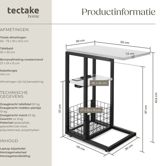 tectake® Laptoptafel met laadstation - Incl. stekkerdoos – C-Vormige computertafel - Bijzettafel - Nachtkastje - Met krantenstandaard en extra plankje - Wit