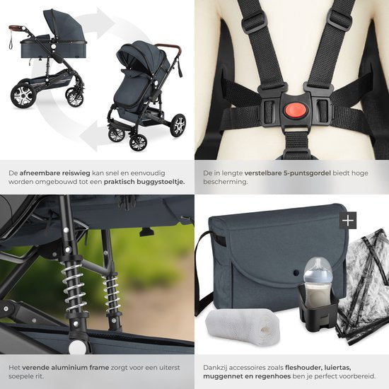 tectake® - Multifunctionele Kinderwagen Mats - 2-in-1 Babywagen inclusief voetenzak, regenhoes, flessenhouder en opbergmand - Wandelwagen met 15kg draagkracht - Opvouwbaar met 5-puntsgordel - Antraciet