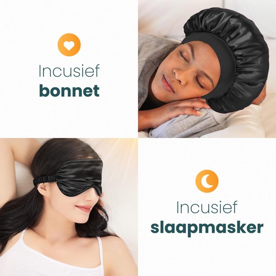 Satijnen kussensloop set - 50x70 - Incl. bonnet en slaapmasker - Zwart - Satijn - Zijden - Beauty - Silk - Zachte - Satin - Moerbij zijden