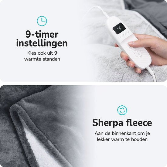 Bloomfold Elektrische Deken - 160 x 130 cm - Wasmachinebestendig - 1 Persoons - 9 Standen - Met Timer - Warmtedeken - Grijs/flannel