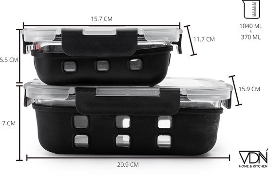 VDN Glazen Meal Prep Bakjes met Silicone Sleeve – 10 Delige Set Vershoudbakjes van Borosilicaatglas – Luchtdicht & BPA Vrij – Magnetron met Ventiel, Oven, Vriezer & Vaatwasser Bestendig – 5x1040ML & 5x370ML
