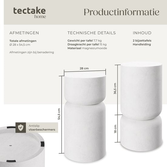 tectake® Bijzettafel Amine - Ø 28 x 54,5 cm - Set van 2 Bijzettafels - Koffietafel in Robuust Magnesiumoxide in Steenlook - Tafeltje voor Woonkamer, Slaapkamer of Kantoor - Draagkracht 15kg per Tafel - Inclusief Vloerbeschermers