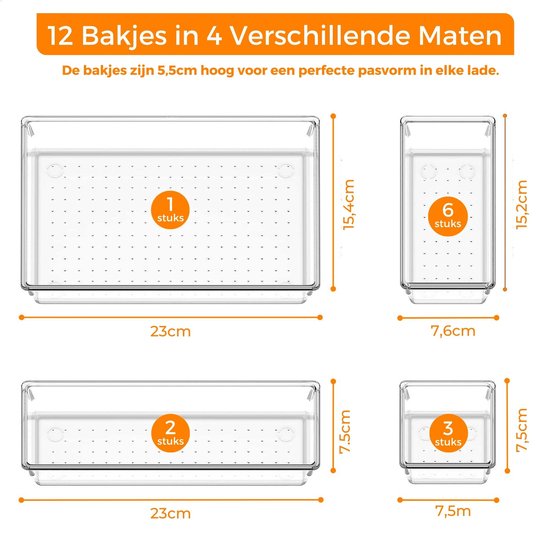 Posity Lade Organizer - 12 Stuks - Organizer Bakjes - Lade Bakjes - Opbergbakjes - Make-up Organizer - Voor Keuken, Badkamer & Bureau - Kunststof - Transparant