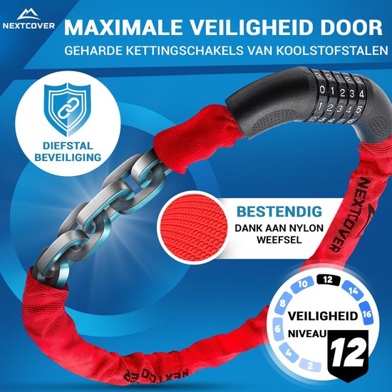 NEXTCOVER® Cijferslot Fietsslot - Het origineel - [SAFESECURE] Hoge veiligheid - Fietssloten met 5-cijferige cijfercode, cijferslot fiets staal - Fietsslot perfect voor e-bike - Kettingslot Rood