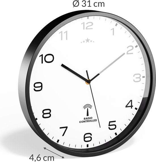 Monzana Wandklok – Radiogestuurd Automatische Analoog Ø31cm - Zwart Wit