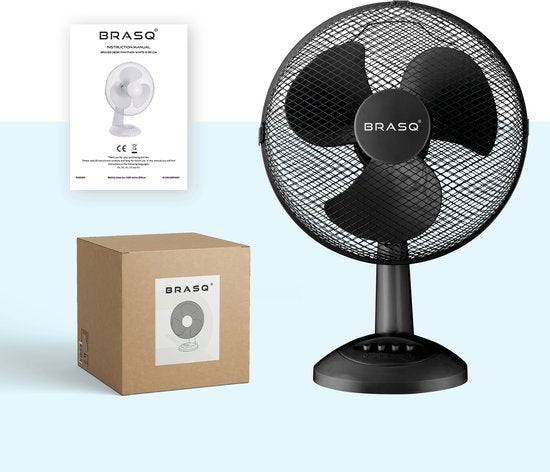 BRASQ Ventilator 30 cm – Krachtige Tafelventilator – 3 Standen – Zwart