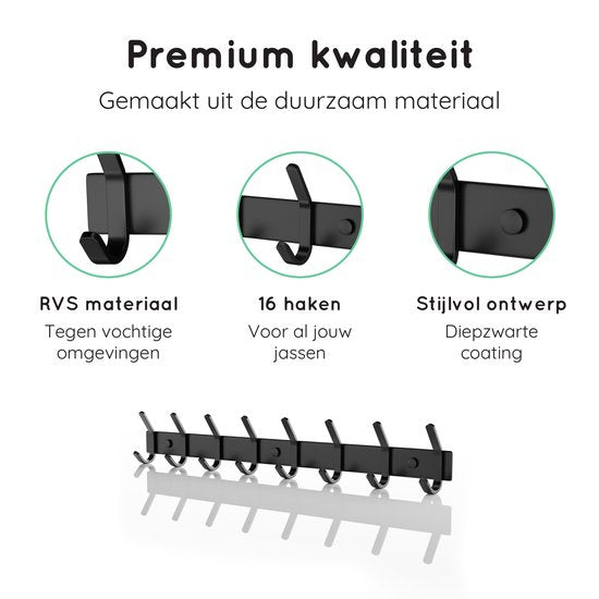Volcan Wandkapstok - 16 Haken - RVS - Muur Kapstok Hangend - Industrieel - 3M Tape - Zwart