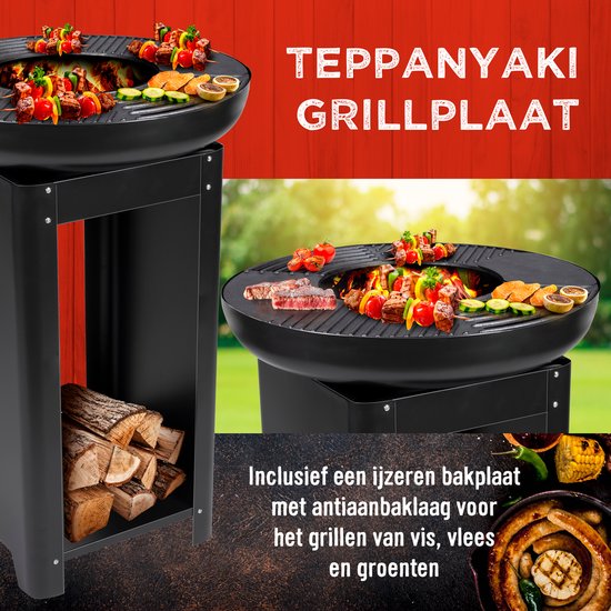 BBQ Collection 3-in-1 Vuurkorf en Grillplaat - Tuinhaard 61 x 90 cm - met Teppanyaki Bakplaat - Plancha BBQ met Brandhout Opslagplaats - Vuurkorf voor Buiten - Metaal