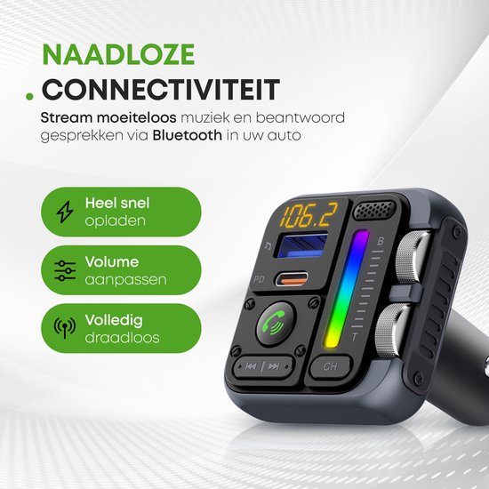iSetchi Bluetooth FM Transmitter - Quick Charge 3.0 - Auto Carkit - USB C - Draadloos