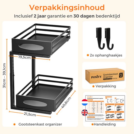 Posity Keukenkast Organizer - Gootsteenkast Organizer - Aanrecht Organizer - Opbergrek - Badkamer Organizer - Keukrenrek - Uitschuifbaar - Metaal - Zwart