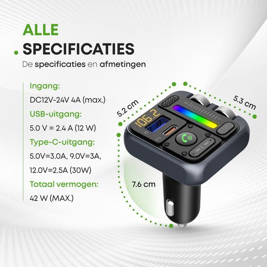 iSetchi Bluetooth FM Transmitter - Quick Charge 3.0 - Auto Carkit - USB C - Draadloos