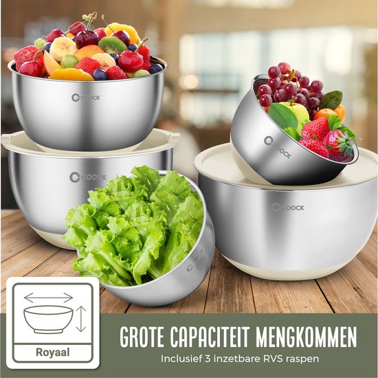 COOCK RVS Mengkommen set met Deksel - Beslagkommen met deksel - Bewaarbak met Rasp - Schaal voor Salades & Mengen - 22 Delige Set 1,5 t/m 5 Liter – Beige - Incl. Maatschepjes