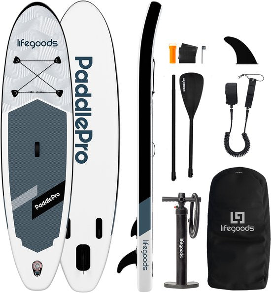 LifeGoods SUP Board Allround Compact - 100 KG Draagkracht - 300 x 76 cm - Opblaasbaar - Compleet SUP pakket - Wit/Zwart