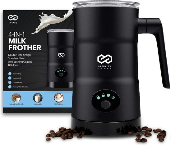 Infinity Goods 4-in-1 Elektrische Melkopschuimer - 350 ml - Opschuimen en verwarmen - Cappuccino - Vaatwasserbestendig - Zwart