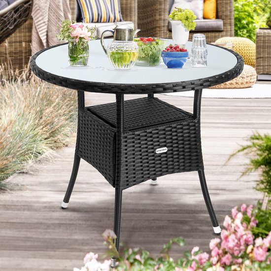 Casaria Bijzettafel - Rond 80cm Weerbestendig Polyrattan - Zwart