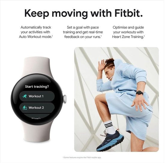 Google Pixel Watch 2 – Zilverkleurige kast – Blauw sportbandje – GPS – 5ATM – Fitbit functies – 24u batterij – AMOLED scherm