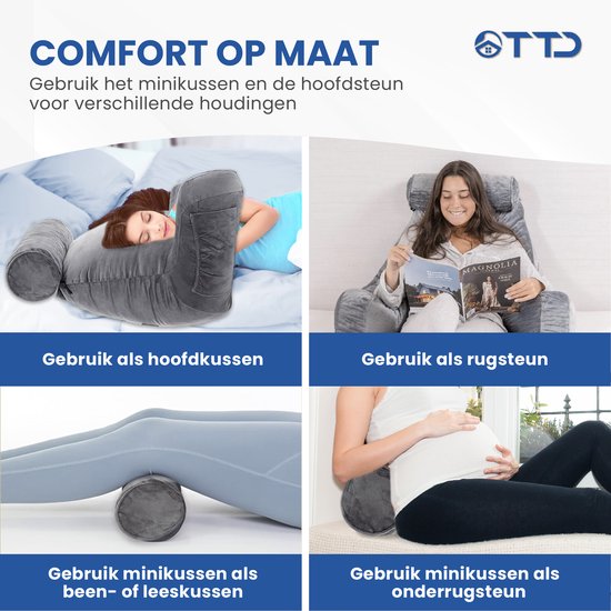 TTD® Premium XXL Leeskussen met Nekrol - Bookseat - Leeskussen voor in Bed - Ergonomisch Zitkussen met Verstelbare Vulling - Boekkussen - Inclusief Extra Minikussen - Fluweelzacht - Wasbare Hoes