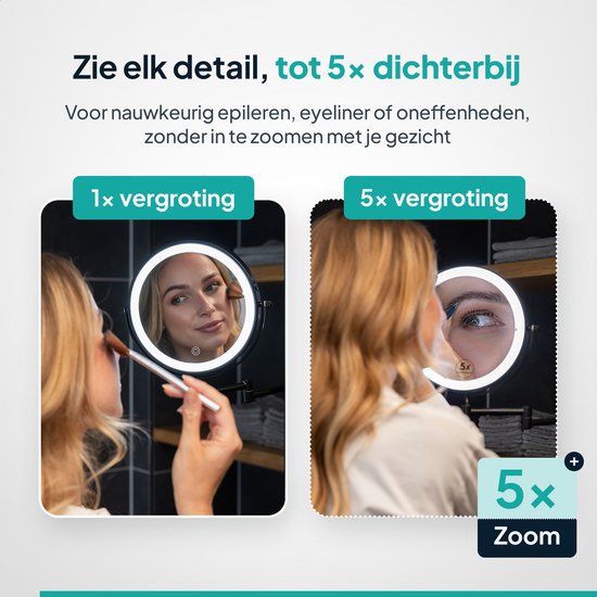 Mirlux Make Up Spiegel met Led Verlichting - Oplaadbaar - 5X Vergroting - Vergrootspiegel met Licht - Scheerspiegel - Badkamerspiegel - Zwart