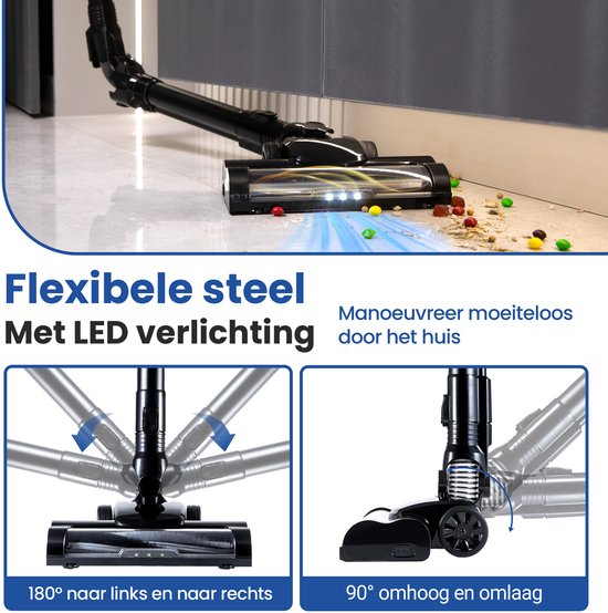 Saaf G90M Steelstofzuiger met Dweilfunctie - 8-delige set met Buigbare Steel - 26.5Kpa - Stofzuiger zonder Zak - 200W - Draadloos - Zwart