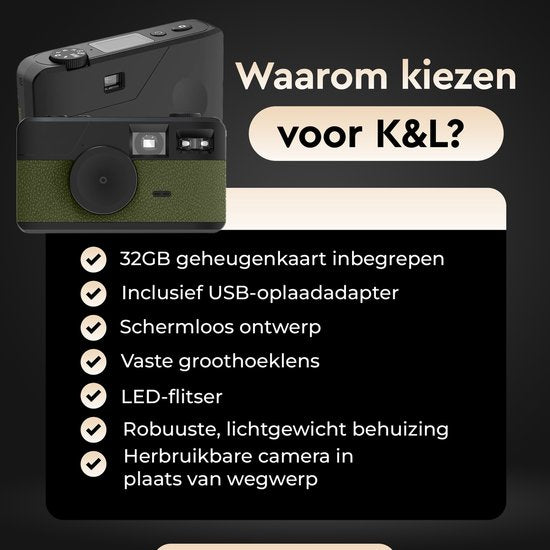 K&L Digitale Retro Camera - Schermvrij - Oplaadbaar - 16.000 Foto's - Fotocamera - Vintage - Inclusief 32GB - Duurzaam - Groen