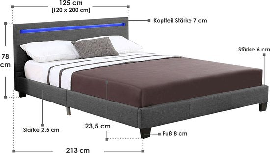 Gestoffeerd bed Verona - 120 x 200cm - Donkergrijs - LED Verlichting